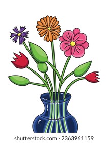 Vase with flowers. Multicolored flowers. Isolated on white background.