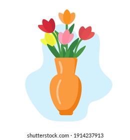 Vase with flowers. Multicolored tulips. Isolated flat design. Spring bloom.