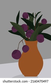 Vase with flowers on a gray background. Vector flat image of flora. Brown vase with purple flowers. Design for postcards, avatars, posters, backgrounds, templates, textiles.