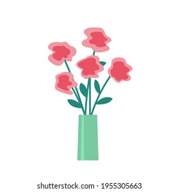 Vase of flowers on a white background. Bouquet of red roses. Vector isolated illustration. Element for design and decoration