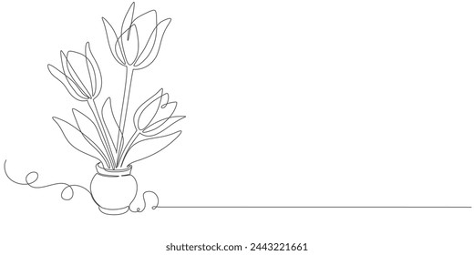 vase with flowers one line art style vector illustration