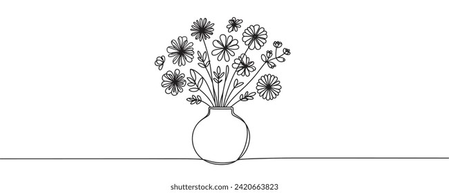 Vase mit Blumen in einer Reihe. Dauerzeichnung einer Vase mit Blumenstrauß
