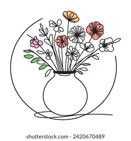 Vase mit Blumen in einer Reihe. kontinuierliche Zeichnung einer Vase mit Blumenstrauß.