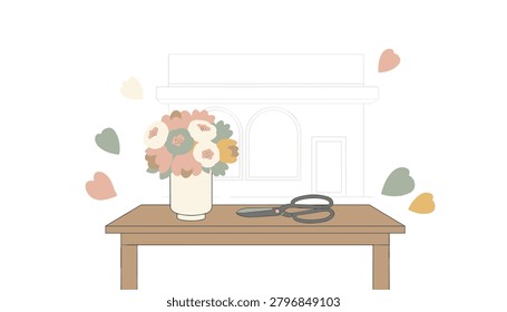 Vase of flowers and a pair of scissors rest on a wooden table with floating petals near a shop outline for a floristry or crafting business concept.