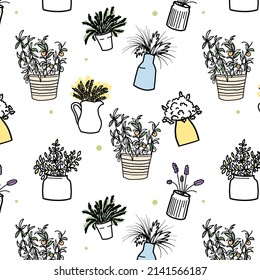 florero con motivos florales. Patrón dibujado en estilo doodle. Plantas de doodle. Patrón blanco y negro.


