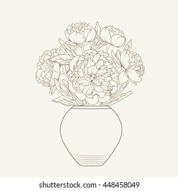 Vase of flowers. Peony flowerpot. Isolated spring summer bouquet outline. Brown on beige background vector illustration. Wedding, birthday, shower party design decoration elements.