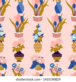 Vase with  flowers in a seamless pattern design, that can be used on the web or in print for surface design
