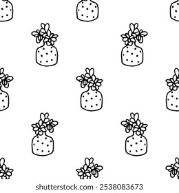 Vase with flowers seamless pattern doodle vector on white background