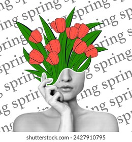 Vase with flowers in the shape of a woman head in retro collage style. Spring illustration in retro collage style. Template for cards, greeting banner.