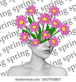 Vase with flowers in the shape of a woman head in retro collage style. A young girl with a halftone effect with cartoon daisies coming out of her head.