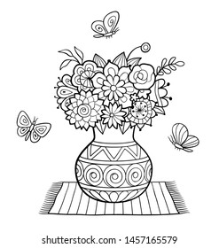 Vase of flowers standing on a napkin, and butterflies. Black and white vector illustration, antistress coloring page for adults