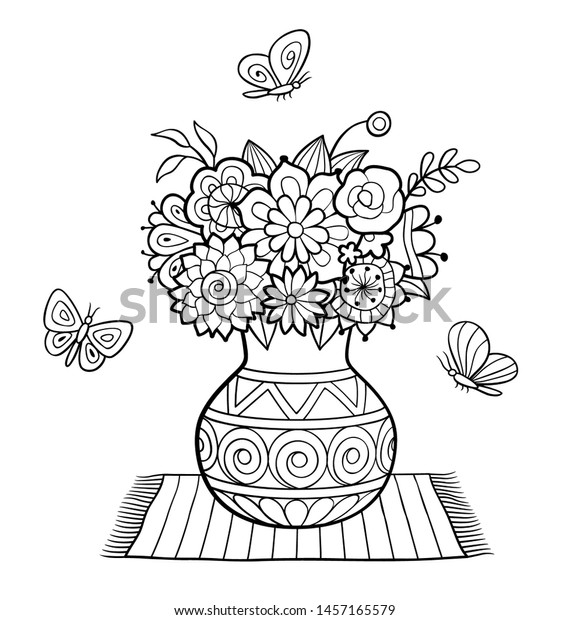 ナプキンに花が立ち 蝶が生えた花瓶 白黒のベクターイラスト アンチストレスカラーリングページ 大人用 のベクター画像素材 ロイヤリティフリー