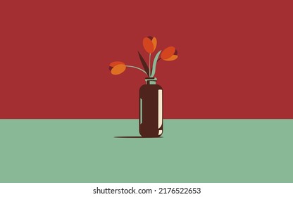 Vase with flowers tulips on the table in a minimalist style.