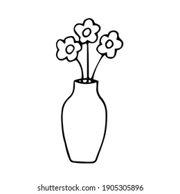 Vase con flores, ilustración de doodle vector, boceto