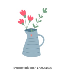 Vase with flowers. Vector flat illustration isolated on a white background. Doodle floral illustration with cute hand drawn flowers and vase. Postcard, poster, decor.