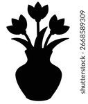 Vase with flowers - vector silhouette image for logo, icon or stencil. Ceramic classic vase with tulips for laser cutting.