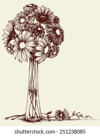 Vase of flowers, wedding bouquet sketch retro style