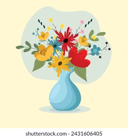 vase with flowers,red,yelow,blue flowers,spring bouquet,background,vector illustration