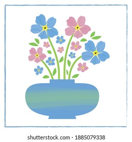 Vase of Forget-Me-Not floral isolated illustration. Painterly watercolor shading effect pink blue mysotis flowers in beautiful containers. Hand drawn botanical design for spring or summer concept