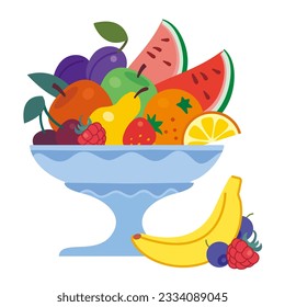 Vase with fruit, orange, watermelon, apple, pear, banana, berry, plum on a white background. Juice cocktail and fruit vector flat illustration. 