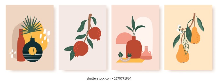 Vase and fruit print. Still life with ceramics and fruits pears, pomegranates on branch with leaves. Modern scandinavian posters vector set. Abstract minimalistic painting for cards