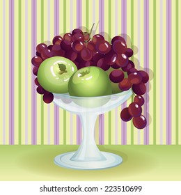 Vase with fruit. Vector illustration. Still life with fruits apples and berries grapes.