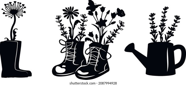 vase for garden. rubber boots with dandelion, retro boots with lavender, chamomile, butterfly vector. watering can with lavender bouquet vector. laser cut design. silhouette graphics.