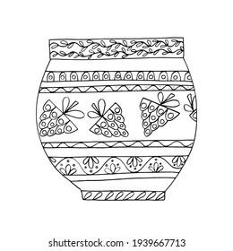 Vase, Greek jug. Crockery with anti-stress pattern. Handmade graphics. Coloring book for children and adults. Black and white. Isolate. For textiles, anti-stress, design. Stock graphics.