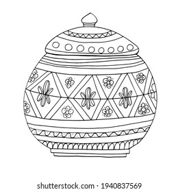 Vase, Greek jug. Crockery with anti-stress pattern. Handmade graphics. Coloring book for children and adults. Black and white. Isolate. For textiles, anti-stress, design. Stock graphics.