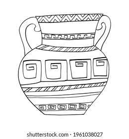 Vase, Greek jug. Crockery with anti-stress pattern. Handmade graphics. Coloring book for children and adults. Black and white. Isolate. For textiles, anti-stress, design. Stock graphics.