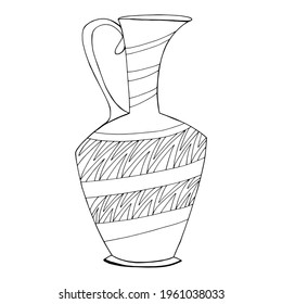 Vase, Greek jug. Crockery with anti-stress pattern. Handmade graphics. Coloring book for children and adults. Black and white. Isolate. For textiles, anti-stress, design. Stock graphics.