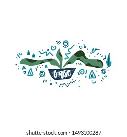 Vase with home plant illustration with hand drawn lettering and abstract doodle sketches. Sketch for business print. Gardening image for poster, banner.