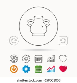 Vase icon. Decorative vintage amphora sign. Calendar, Graph chart and Cogwheel signs. Download and Heart love linear web icons. Vector