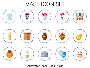 vase icon set. 15 flat vase icons.  Collection Of - sculpture, bouquet, flower pot, ancient jar, art museum, threader, pottery, ancient, culture