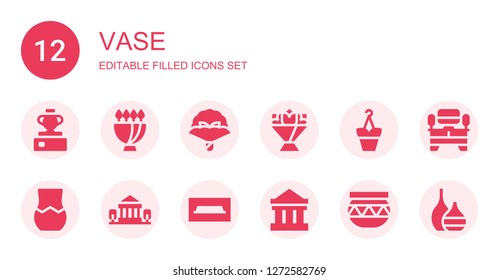vase icon set. Collection of 12 filled vase icons included Vase, Bouquet, Flower bouquet, Flowerpot, Parthenon, Tv table, Pottery