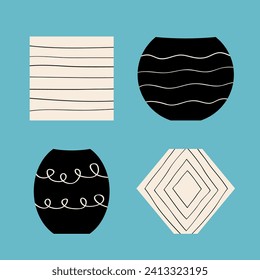 Vase icon set. Flower glass vases. Black and white abstract shape Ceramic Pottery Glass Flower pot decoration template. Cute icon collection. Flat design. Blue background. Isolated Vector illustration