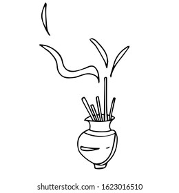 Vase with incense on an isolated white background. Element for spa treatments. Aroma therapy hand drawn. Stock vector illustration.