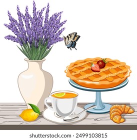 Vase with lavender and pie on a platter.Cake on a stand, lavender bouquet in a vase and cup with tea on a wooden tabletop in vector illustration.