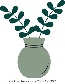 Vase With Leaves Branches Vector Illustration