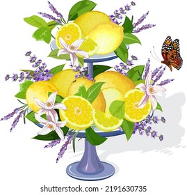 Vase con limones y lavanda.Ilustración vectorial con un jarrón de limones y escarabajos de lavanda sobre un fondo transparente.