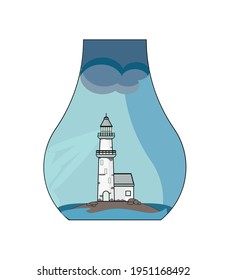 Vase lighthouse inside.Creative concept of savind vacation memories,romantic souvenir from seaside. Images of the lidhthouse as a symbol of the ocean. Vector illustration.