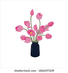 Vase with lotus flowers abstract isolated on white background. Hand drawn style. Vector illustration. Known by numerous common names including Indian lotus, sacred lotus, water lily, or simply lotus.