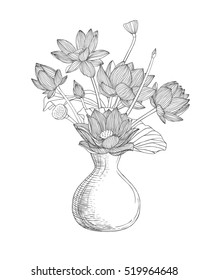 Vase with lotus flowers. Linear illustration black on white