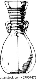 The vase made out of iridescent glass, has a bag-like body with no foot and a narrow neck with ear-shaped handles, vintage line drawing or engraving illustration.