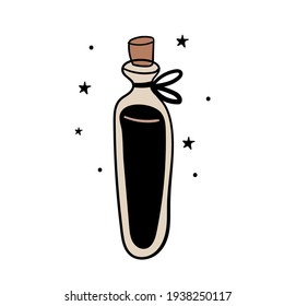 A vase with a magic drink, a bottle of love potion with a ribbon and stars. Vintage boho style tattoo, witch amulet. Vector illustration of witchcraft.