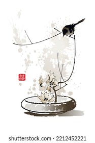 Vase with Magnolia flowers, a small bird sitting on a dry branch. The text in seal is the hieroglyph "Double Luck".  Vector illustration in traditional Japanese style.