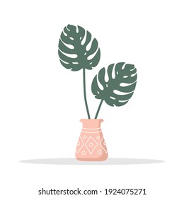 Vase with monstera leaves. Cute scandinavian interior decor. Cosy contemporary element. Vector illustration in flat cartoon style.