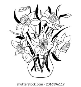 Vase of Narcissus flowers. Daffodil flowerpot. Isolated spring bouquet outline. Black and white vector illustration.