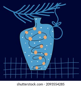 vase on a dark background with christmas lights and decorated brunch