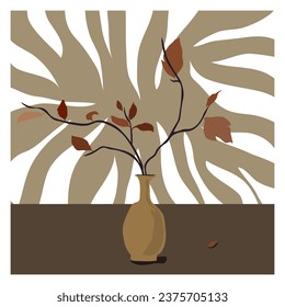 Vase on a dark background with red autumn leaves. Modern and minimalism. Still life. For interior, postcards, posters, author's drawing.	